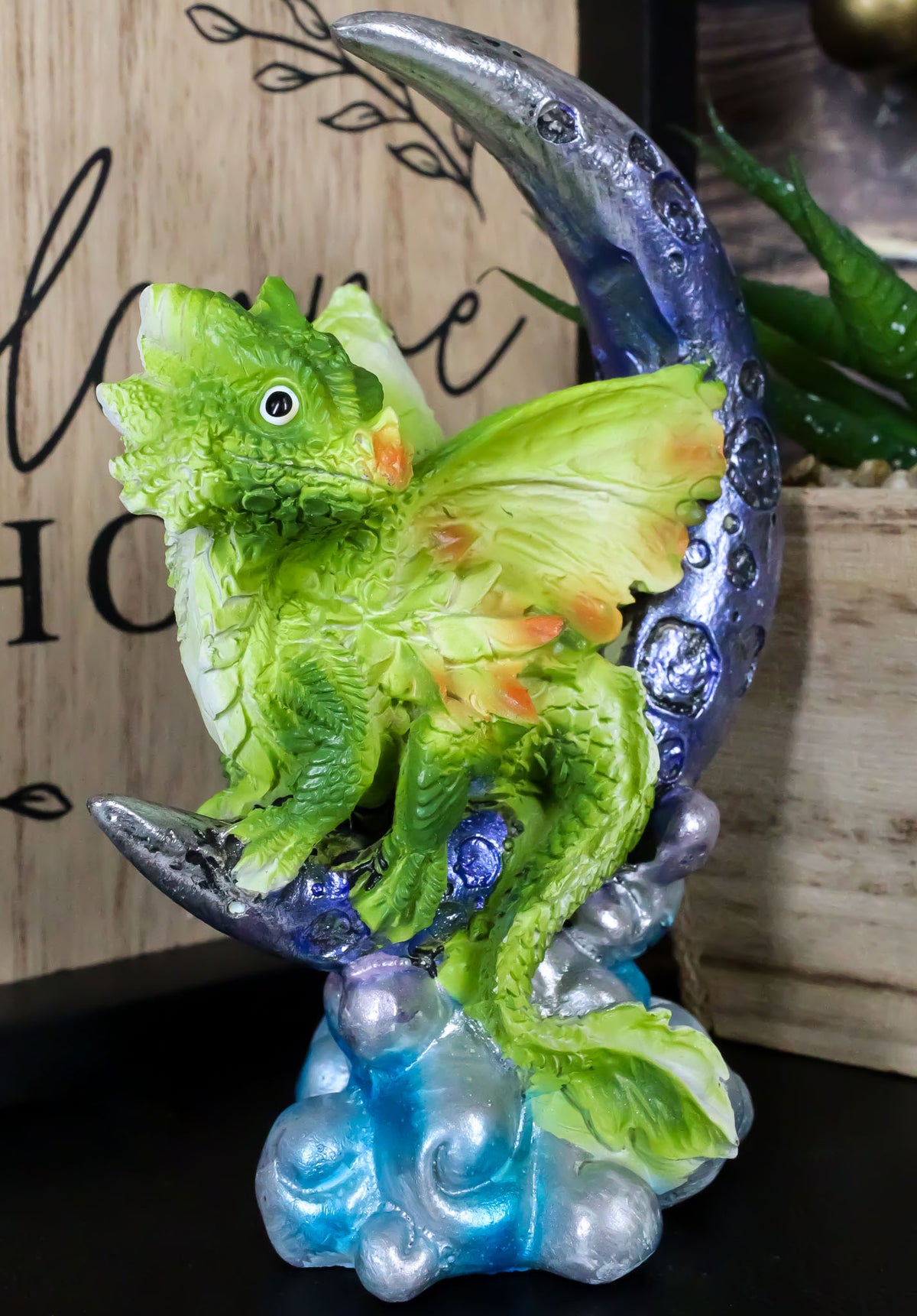 Pastel Green Dream Baby Dragon Wyrmling Sitting On Purple Crescent Moon Figurine