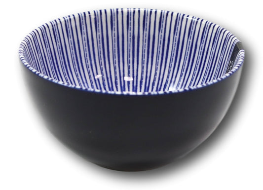 Pack Of 6 Artistic Blue Geometric Stripes Rice Soup Salad Ceramic Bowls 14oz - Ebros Gift