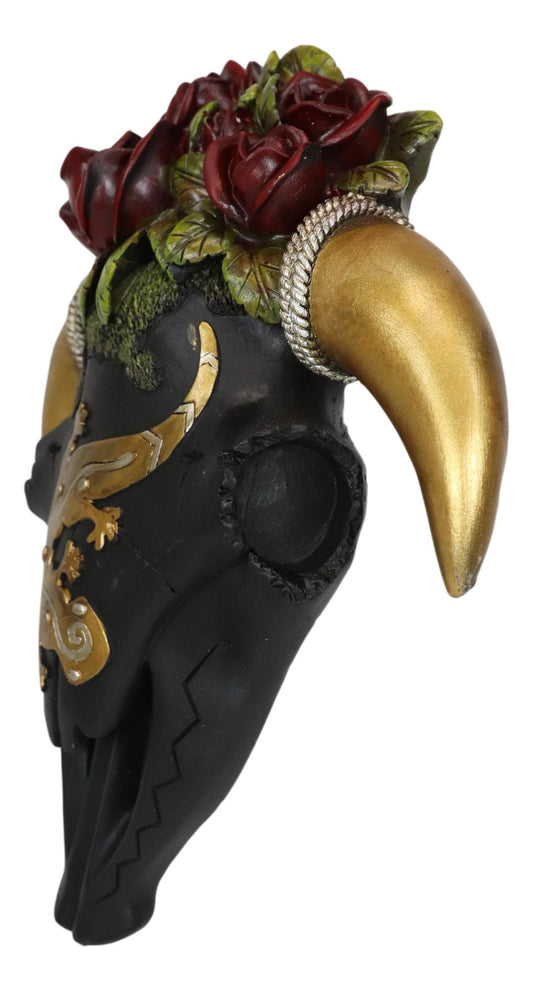 Rustic Western Black Cow Skull With Gecko Lizard And Red Roses Wall Decor Plaque - Ebros Gift