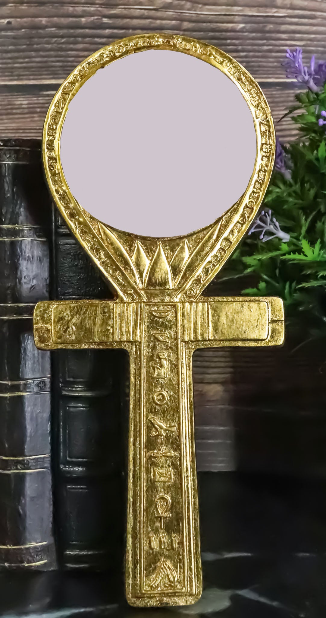 Small Crux Ansata Egyptian Golden Ankh Djed Hand Mirror Figurine 8.25"H New Age