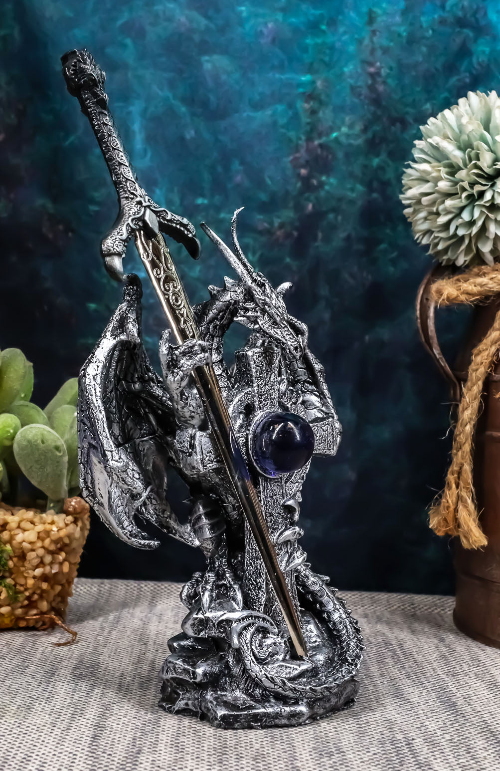 Ebros Gift Legendary Silver Dragon Guardian of The Celtic High Cross Letter Opener Figurine Sculpture Home and Office Decorative Sculpture Medieval Renaissance Dungeons and Dragons Fantasy - Ebros Gift