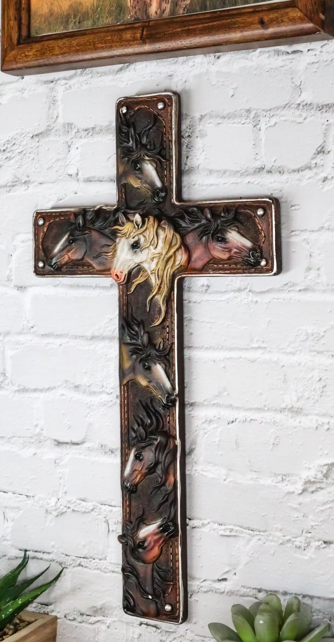 Rustic Western Colorful Horses Breeds Faux Tooled Leather Finish Wall Cross 11"