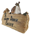 Helix Shell Snail By Mushrooms On Trunk Log With Slow Down Enjoy Sign Figurine
