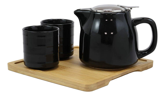 Ebros Midnight Black Contemporary Ceramic 20oz Tea Pot With 2 Cups And Bamboo Tray Set