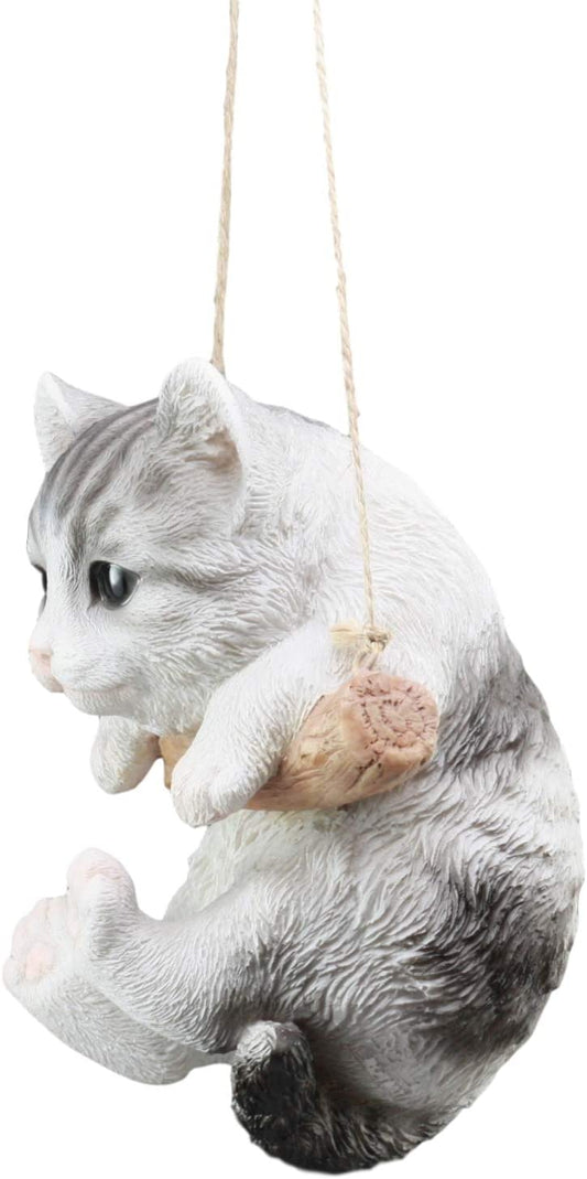 Ebros Gray Striped Tabby Kitten Macrame Branch Hanger 5.5"H with Jute Strings