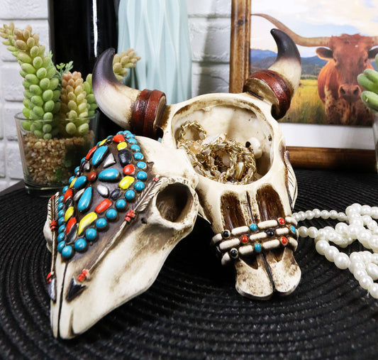 Set Of 2 Southwest Rustic Cow Skull With Turquoise Navajo Patterns Trinket Boxes - Ebros Gift