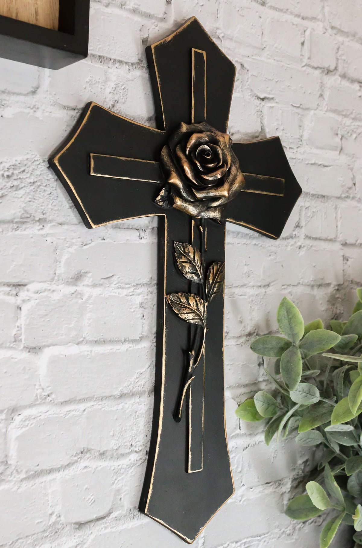Western Black and Bronze Blooming Rose Stalk Petals Cross Wall Crucifix Plaque