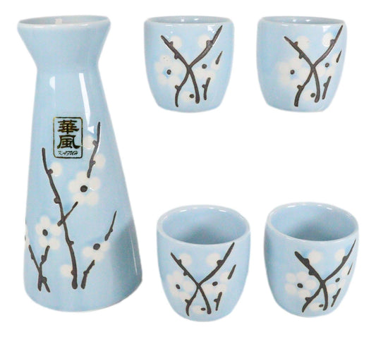 White Sakura Cherry Blossom Sky Blue Ceramic Sake Set Carafe Flask With 4 Cups