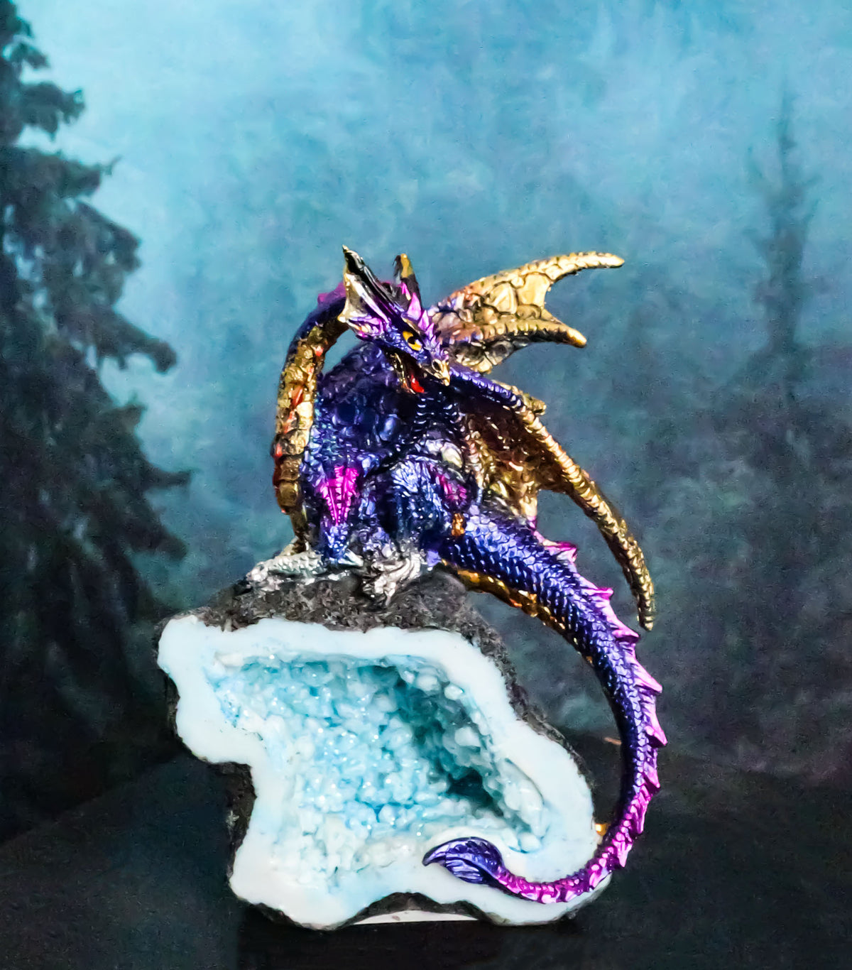 Azure Blue Iridescent Dragon On Faux Geode Rock Quartz Crystal Cove Figurine 5"H - Ebros Gift