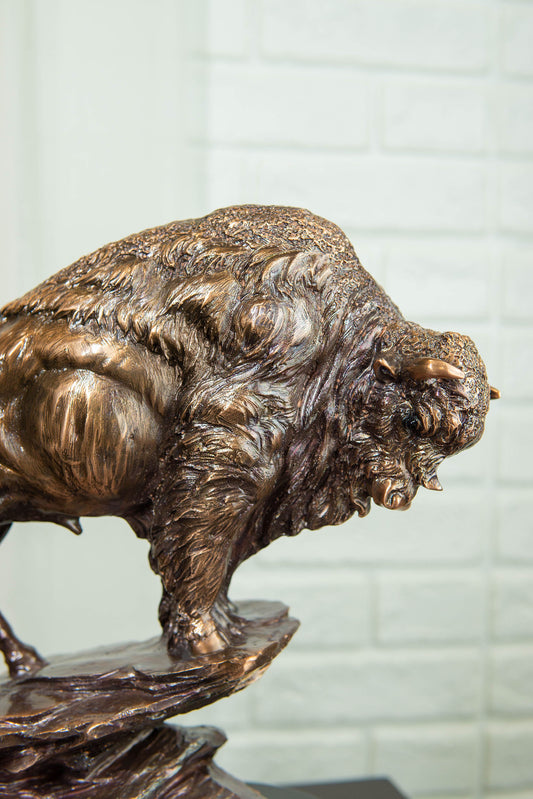 Buffalo Jump American Bison On Cliff Edge Bronze Electroplated Finish Statue - Ebros Gift