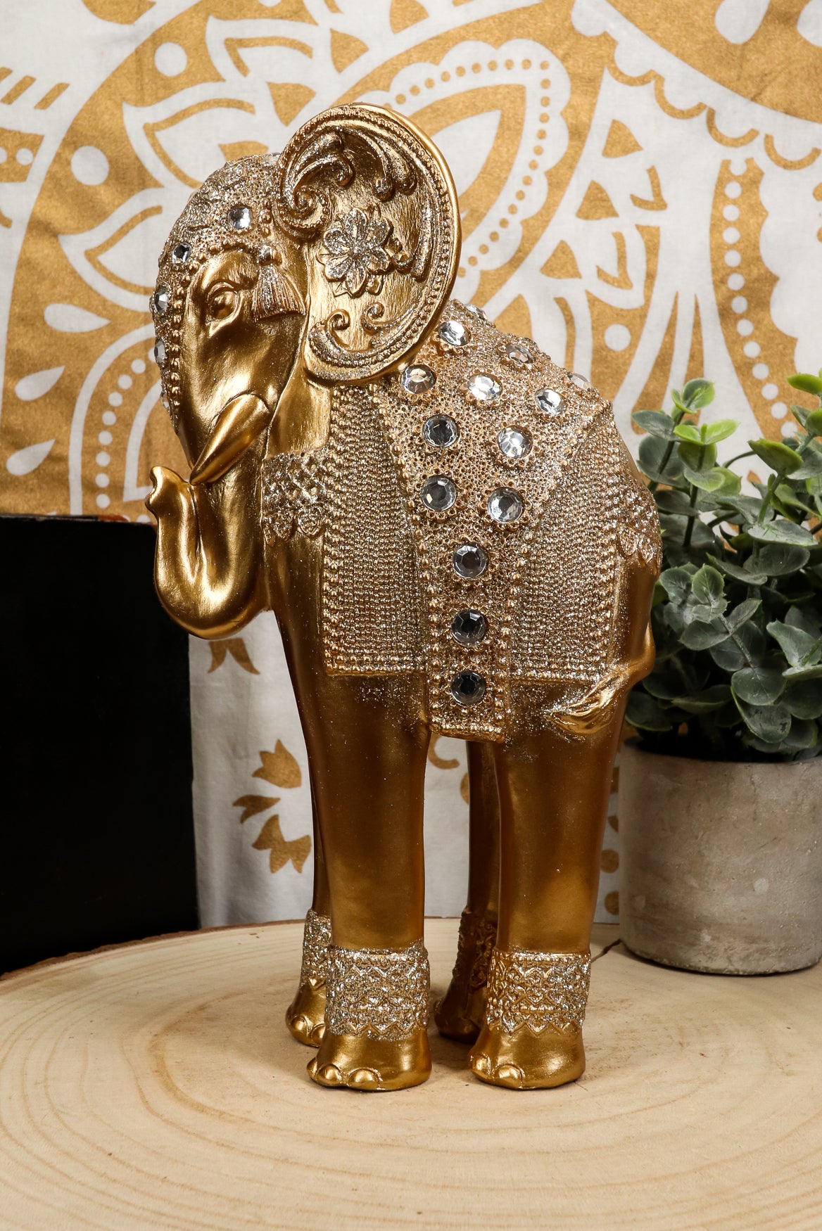 Ebros Feng Shui Royal Gold Ornate Design with Crystals and Glitters Resting Elephant Statue 9.25" High Vastu 3D Zen Elephants Figurine Symbol of Wisdom Wealth Fortune Success and Protection