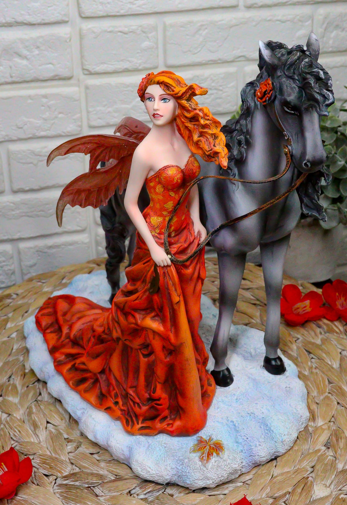 Nene Thomas Echoes of Autumn Fall Fairy Strolling With Black Beauty Horse Statue