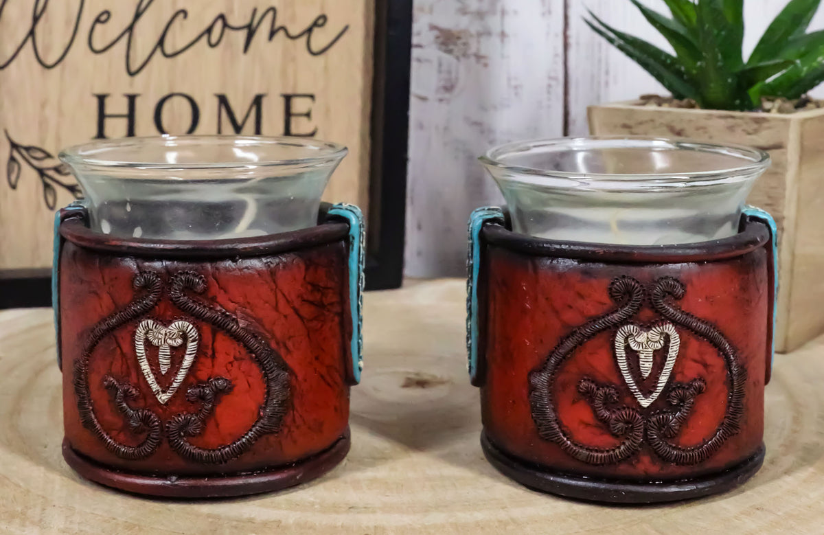 Set Of 2 Western Cowgirl Love Heart Scrollwork Faux Leather Votive Candle Holder