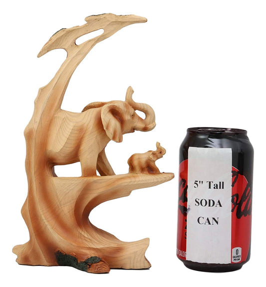 Wildlife Elephant Father With Calf In Savanna Scenery Statue Faux Wood Resin