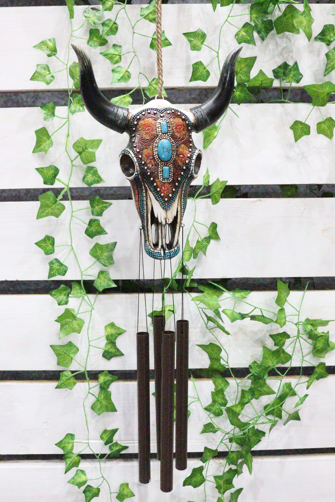 Set Of 2 Southwest Boho Chic Turquoise Ember Floral Scroll Cow Skull Wind Chimes