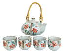 Japanese Red Cherry Blossom Flowers Design Porcelain Tea Pot And 4 Cups Set