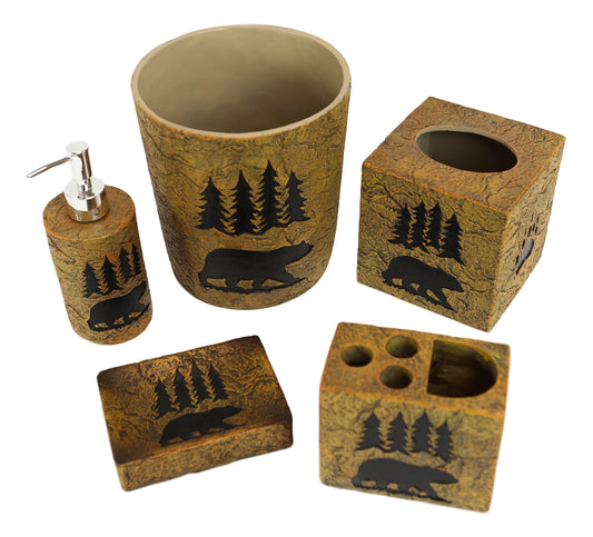 Ebros Rustic Black Bear Roaming Trees Bathroom Accent (5 Piece Bathroom Set)