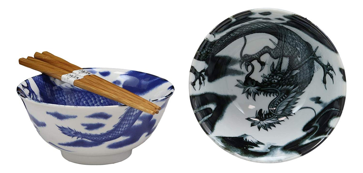 Ebros Japanese Made East Asian Chinese Dragons Ceramic Bowls And Chopsticks Set of 2 - Ebros Gift
