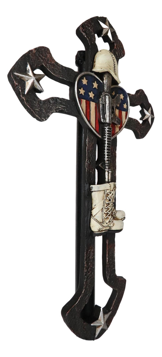Rustic Western Stars USA Flag Heart Fallen Soldier Boot Rifle Helmet Wall Cross