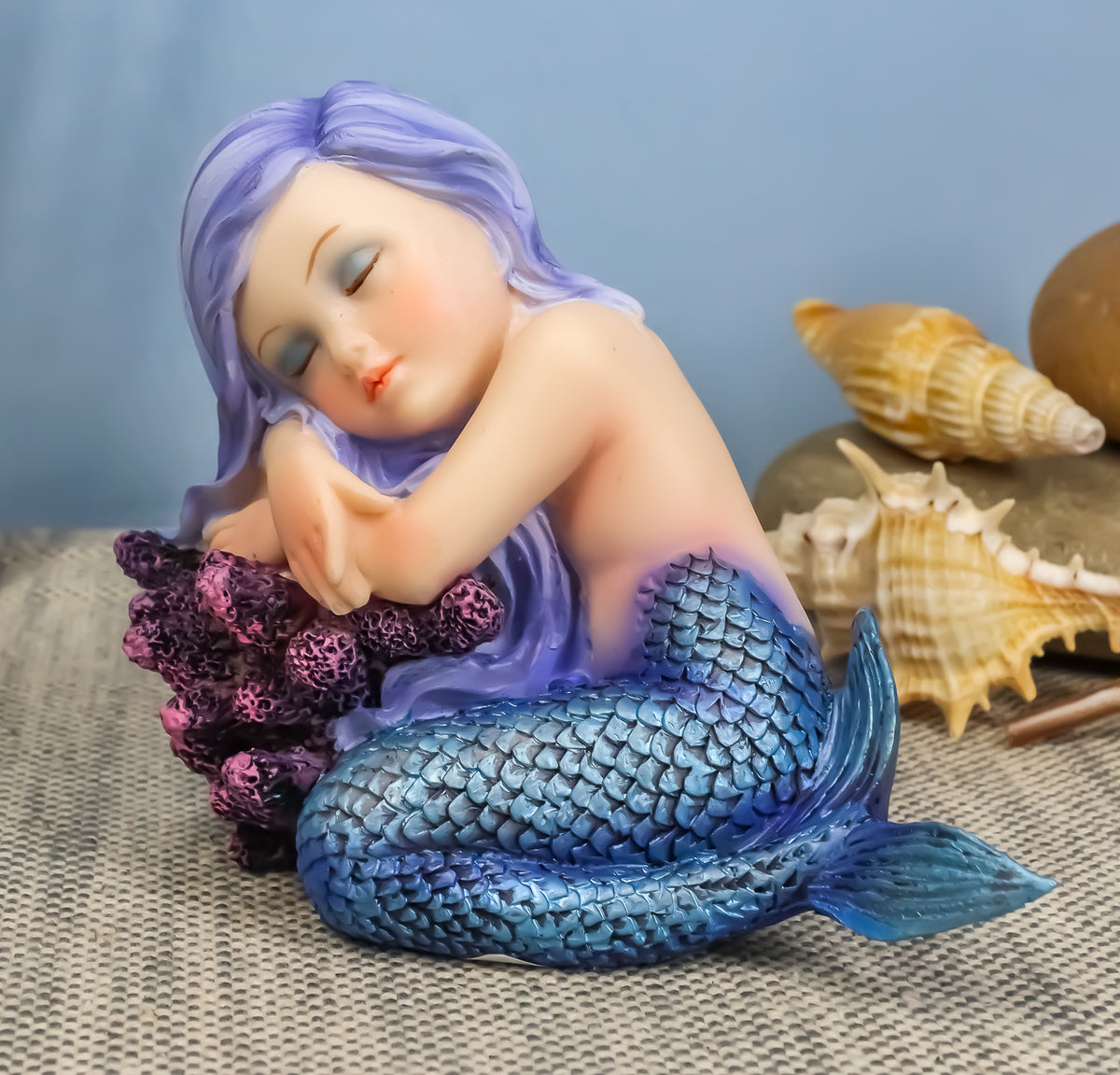 Under The Sea Blue Child Mermaid Sleeping On Coral Bed Statue Mergirl Figurine