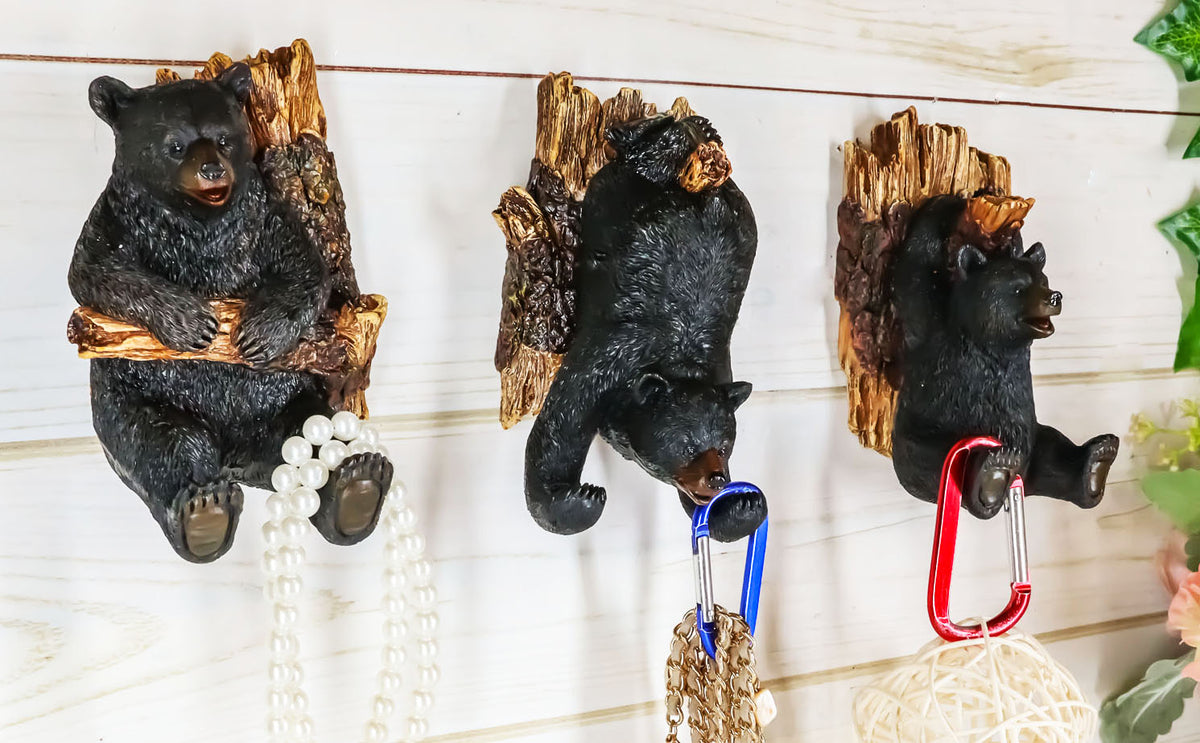 Ebros Whimsical Rustic 3 Acrobatic Black Bears Hanging On Tree Branches Wall Hooks 5.25" High Set of 3 Hanger