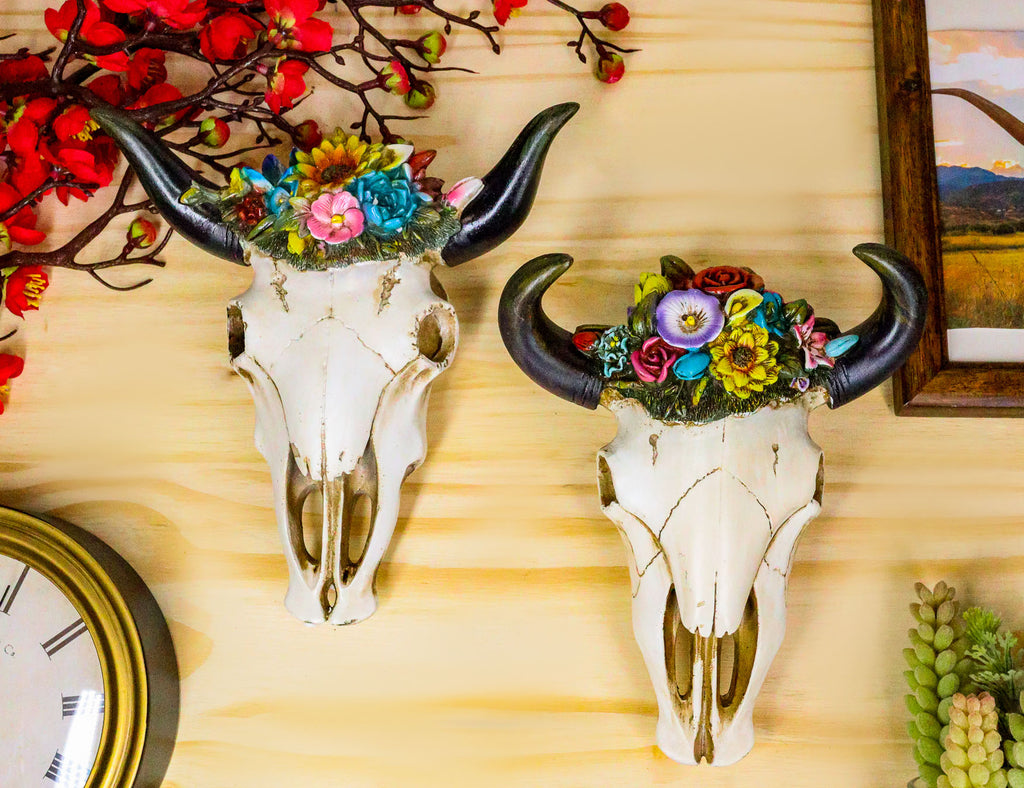 succulent cow skull Set of 2 Southwestern Bull Cow Steer Skulls With Colorful Succulent Wa–  Ebros Gift