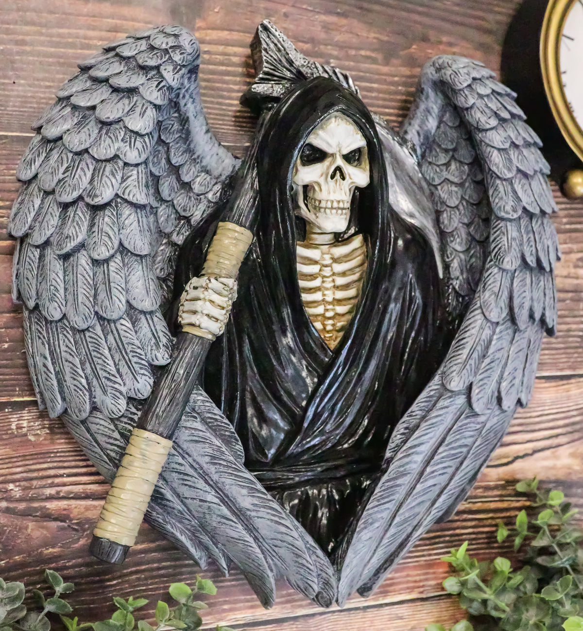 Gothic Grim Reaper Skeleton with Angel Wings Holding Scythe Heart Wall Decor