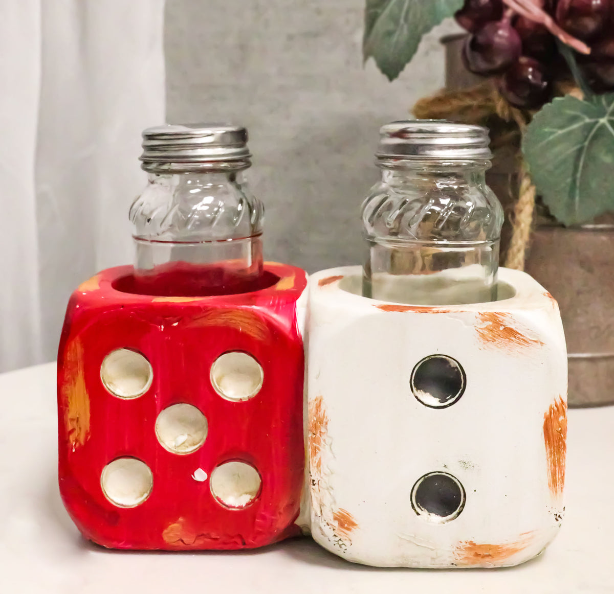 Casino Gambler Red And White Distressed Double Dice Salt Pepper Shakers Holder