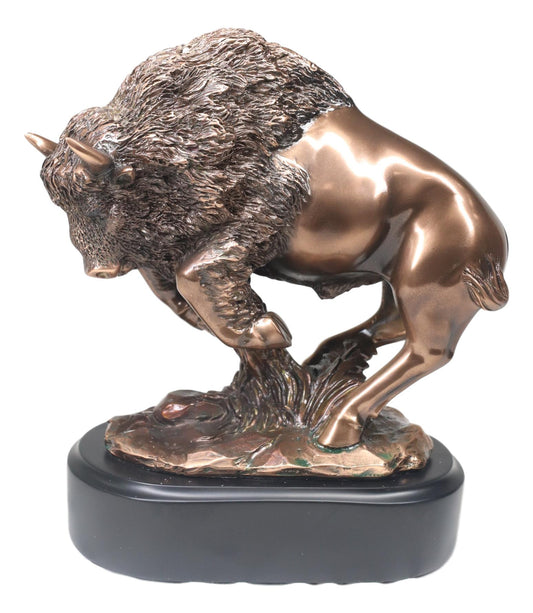 Western Charging American Buffalo Bison Bull Bronze Electroplated Resin Statue - Ebros Gift