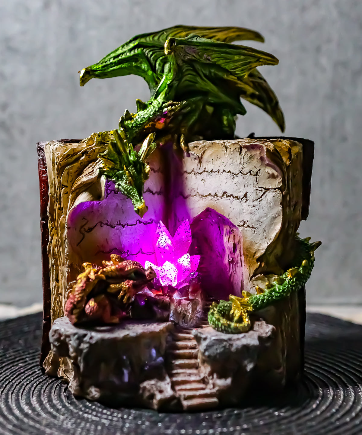 Ebros Green Dragon Wyrmling Perching On LED Crystals Book Of Spells Figurine