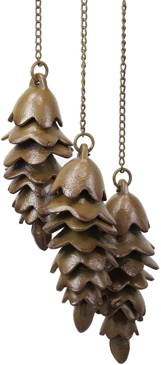 Ebros Gift Rustic Woodlands Cast Iron Triple Pine Cones Hanging from Twigs Resonant Wind Chime 27.5" High Pinecone Hanging Ornaments Garden Patio Western Cabin Lodge Mountain Home Accent