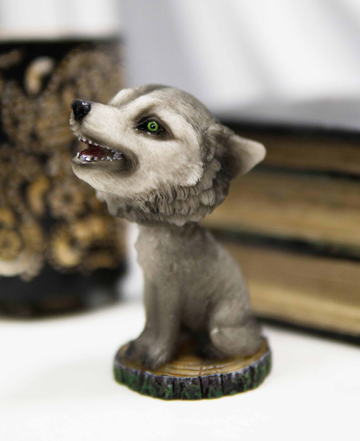 Cries of The Night Howling Gray Wolf With Green Eyes Bobblehead Figurine 3.75" H - Ebros Gift