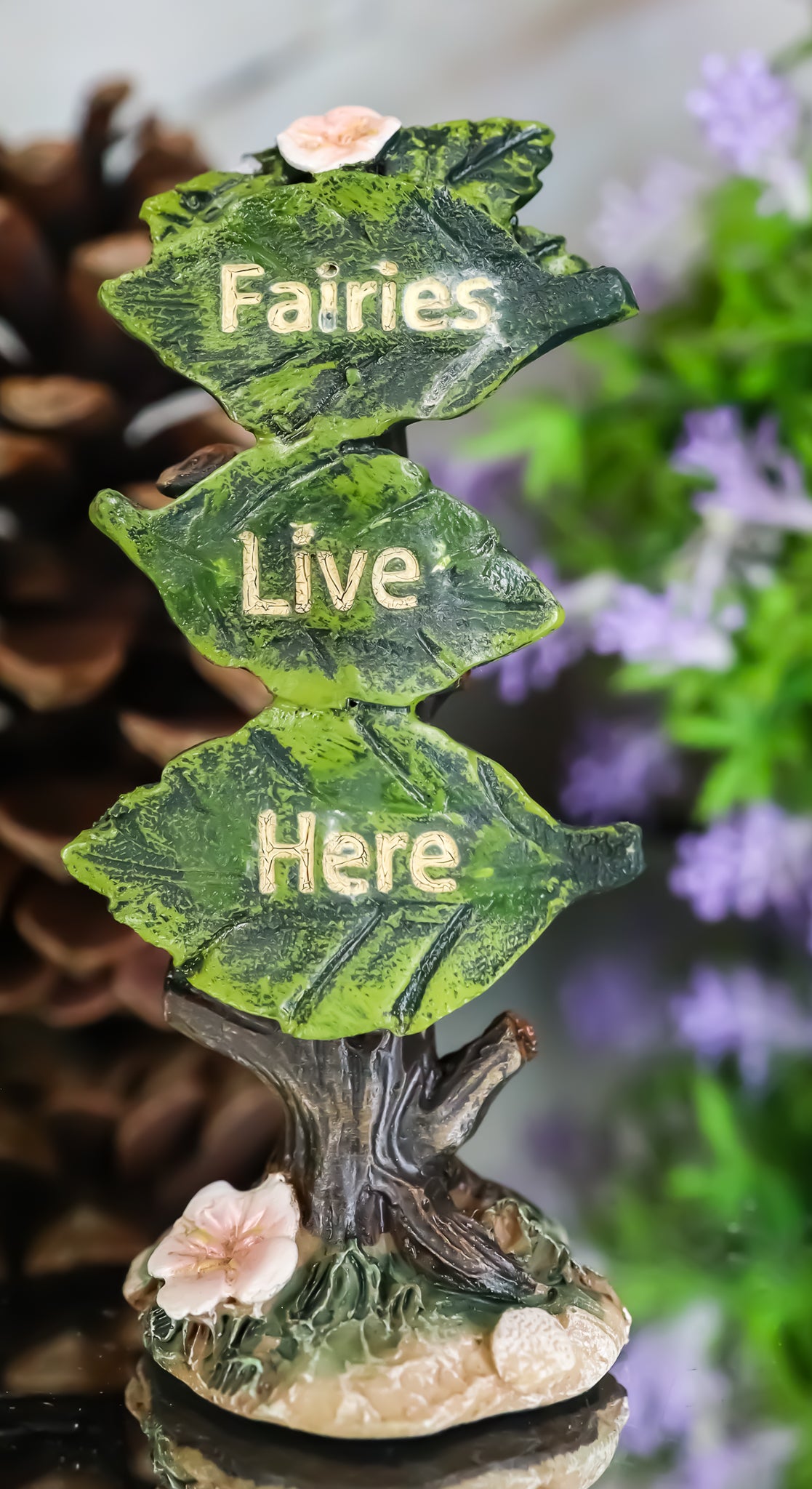 Fairy Garden Miniature Fairies Live Here Flowering Tree Leaves Sign Sculpture - Ebros Gift
