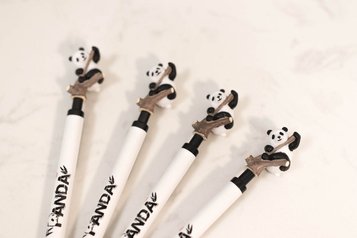 Pack Of 4 Panda Bear Cub Climbing On Tree White Ballpoint Ball Black Ink Pens - Ebros Gift