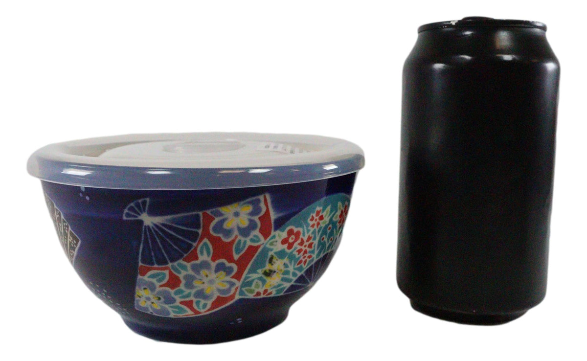 Ebros Pack of 2 Ceramic Blue Oriental Fans Portion Meal Bowls 2 Cups W/ Airtight Lid
