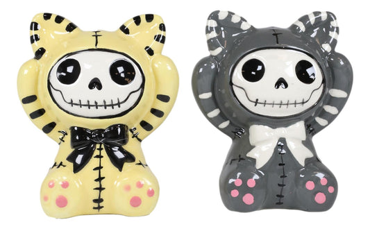 Ebros Furrybones Mao Striped Kittens Voodoo Skeleton Cats Salt And Pepper Shakers Set - Ebros Gift