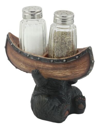 Black Bear Salt and Pepper Shakers Set 5"H Papa Bear Carrying A Canoe Statue