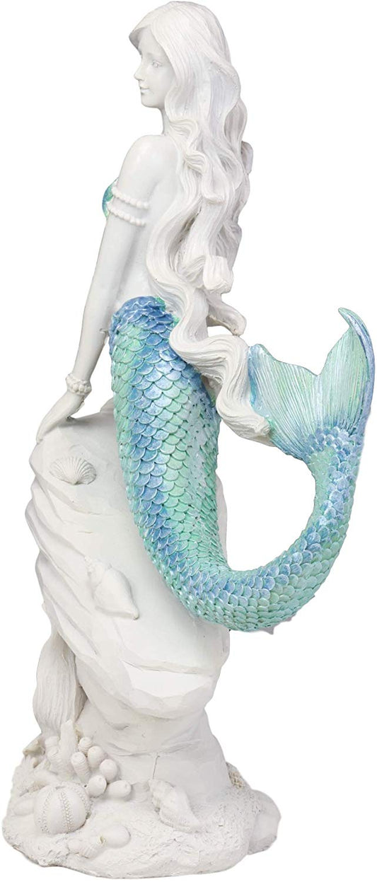 Ebros Gift Large Nautical Capiz Blue Tailed Mermaid by White Coral Rocks Statue Ocean Aquamarine Princess As Coastal Beach Under The Sea Decorative Accent (Leaning On Rocks)