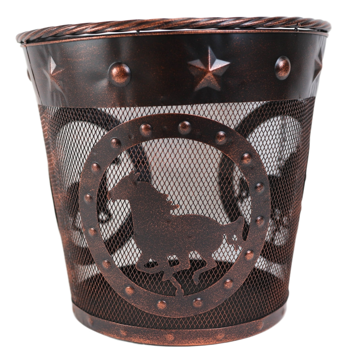 Rustic Western Horses Stars Studs Braided Rope Trim Metal Wire Waste Basket Bin - Ebros Gift