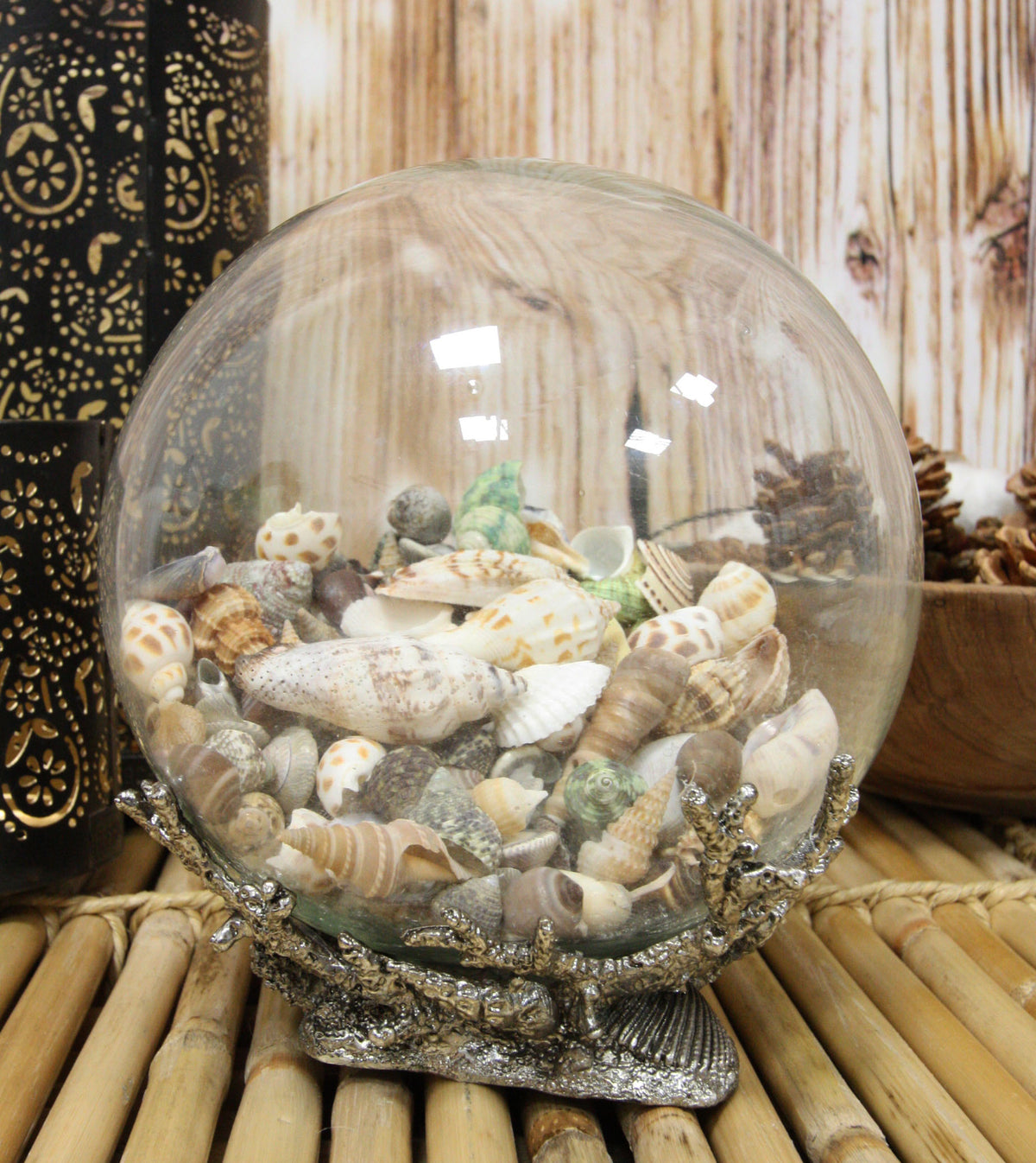 Nautical Marine Sea Shells Glass Globe Ball On Silver Coral Reef Metal Sculpture