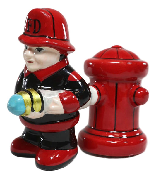 Ebros Fireman Fighter W/ Hose By Red Fire Hydrant Ceramic Salt & Pepper Shakers - Ebros Gift