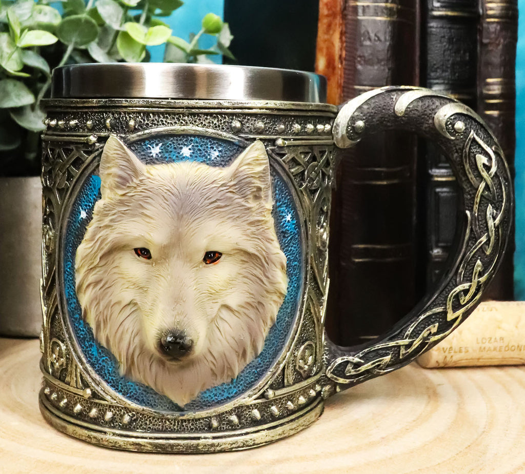 Ebros Gift Alpha Direwolf Wolf Celtic Tribal Magic Resin 16oz Drinking