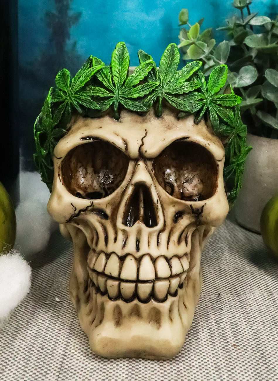 pothead gift Pot Head Skull Statue 6"Long Gothic Skull With Weed Leaf Laurel Resin – Ebros Gift