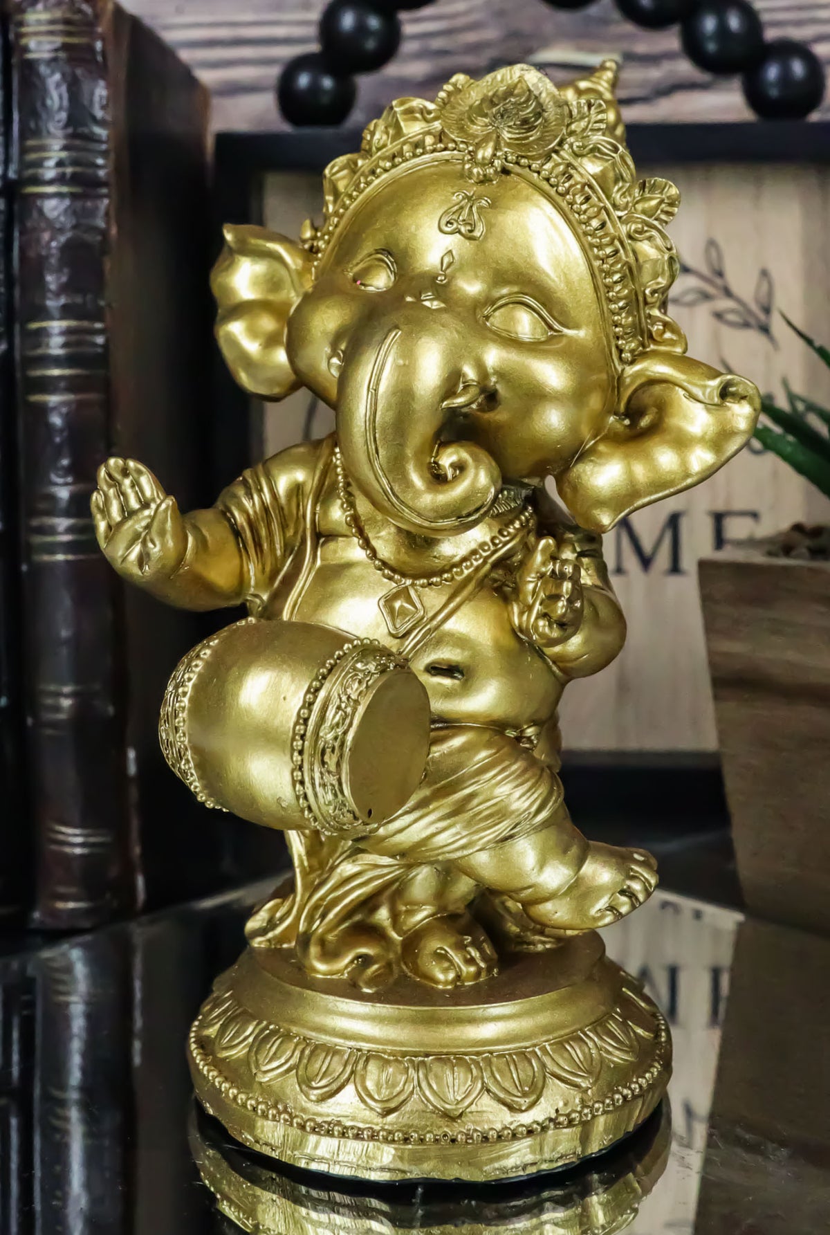 Hindu Elephant God Ritual Dancing Ganesha With Mridangam Drum Golden Statue 6"H