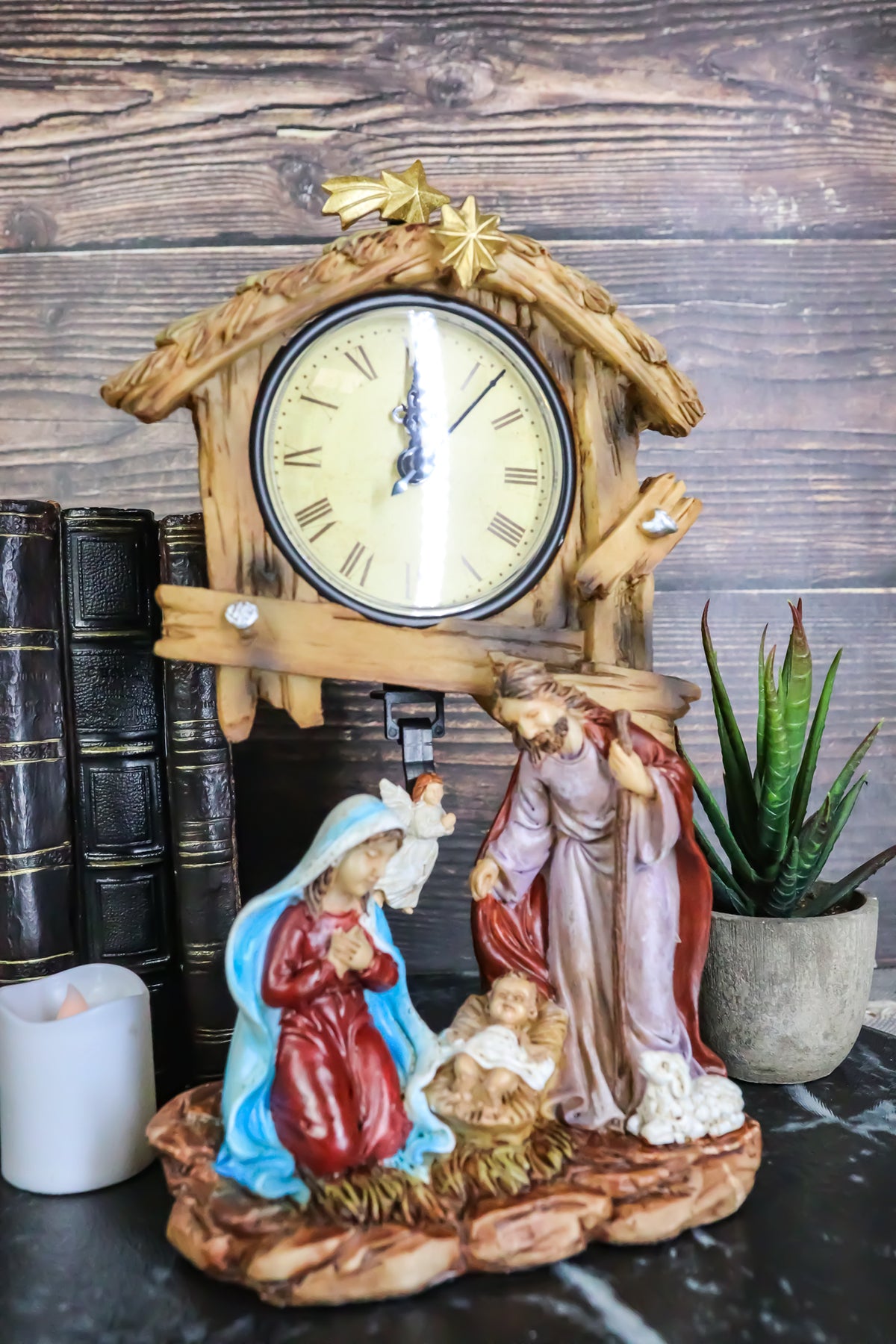 Holy Family Nativity Mary Joseph and Baby Jesus In Manger Pendulum Table Clock - Ebros Gift