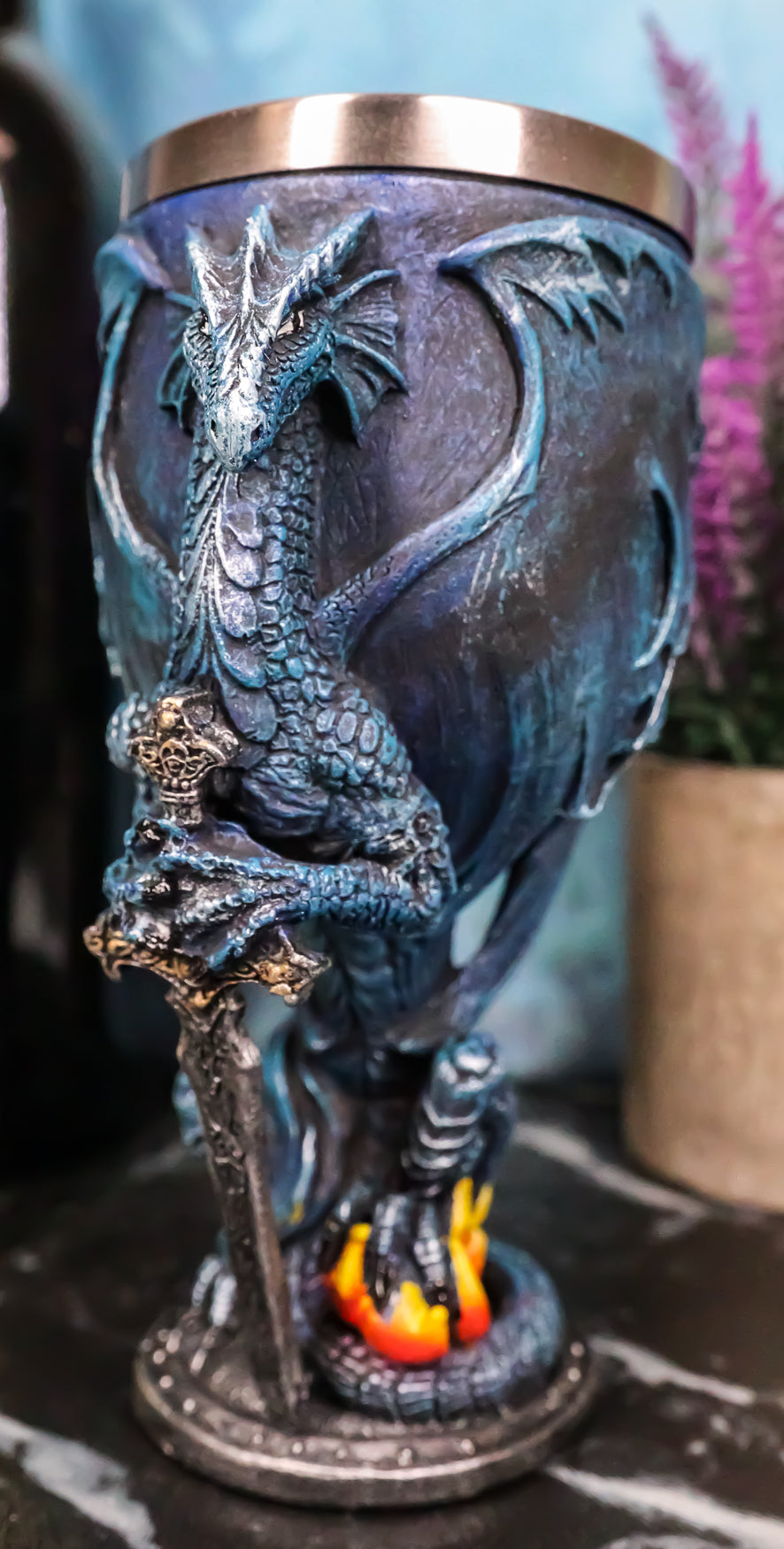 Blue Divine Fire Winged Dragon With Excalibur Sword Wine Goblet Chalice Cup 7oz - Ebros Gift