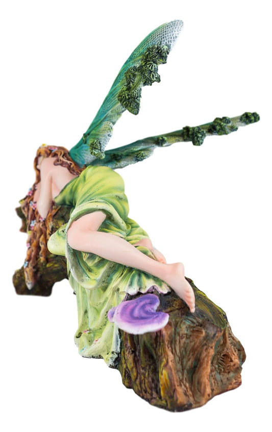 Ebros Beautiful Green Forest Fairy With Red Hair Sleeping On Tree Log Statue - Ebros Gift