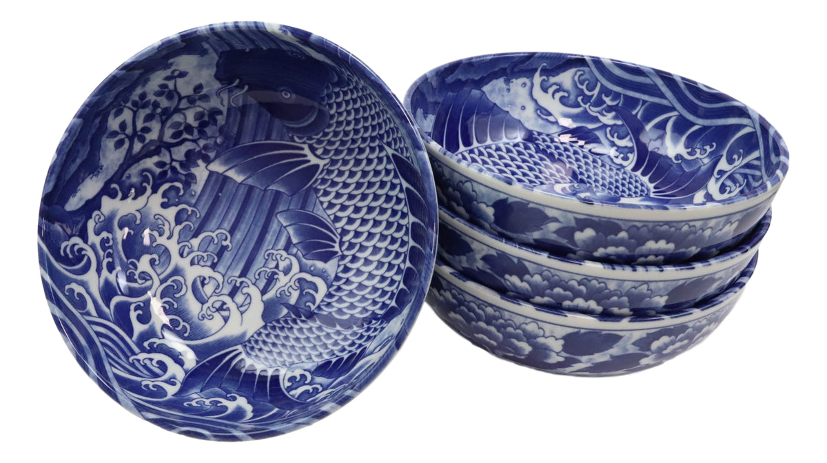 Pack Of 4 Made In Japan Feng Shui Koi Fish Blue Large 42oz Serving Soup Bowls
