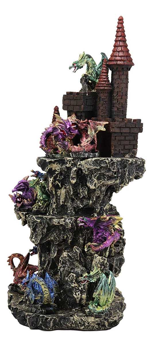 Ebros Medieval Renaissance Castle Tower Fortress by Stepped Rocky Cliff Display Stand Statue With 12 Miniature Dragons In Different Poses Figurine 13 Piece Set Featuring Color Changing LED Night Light