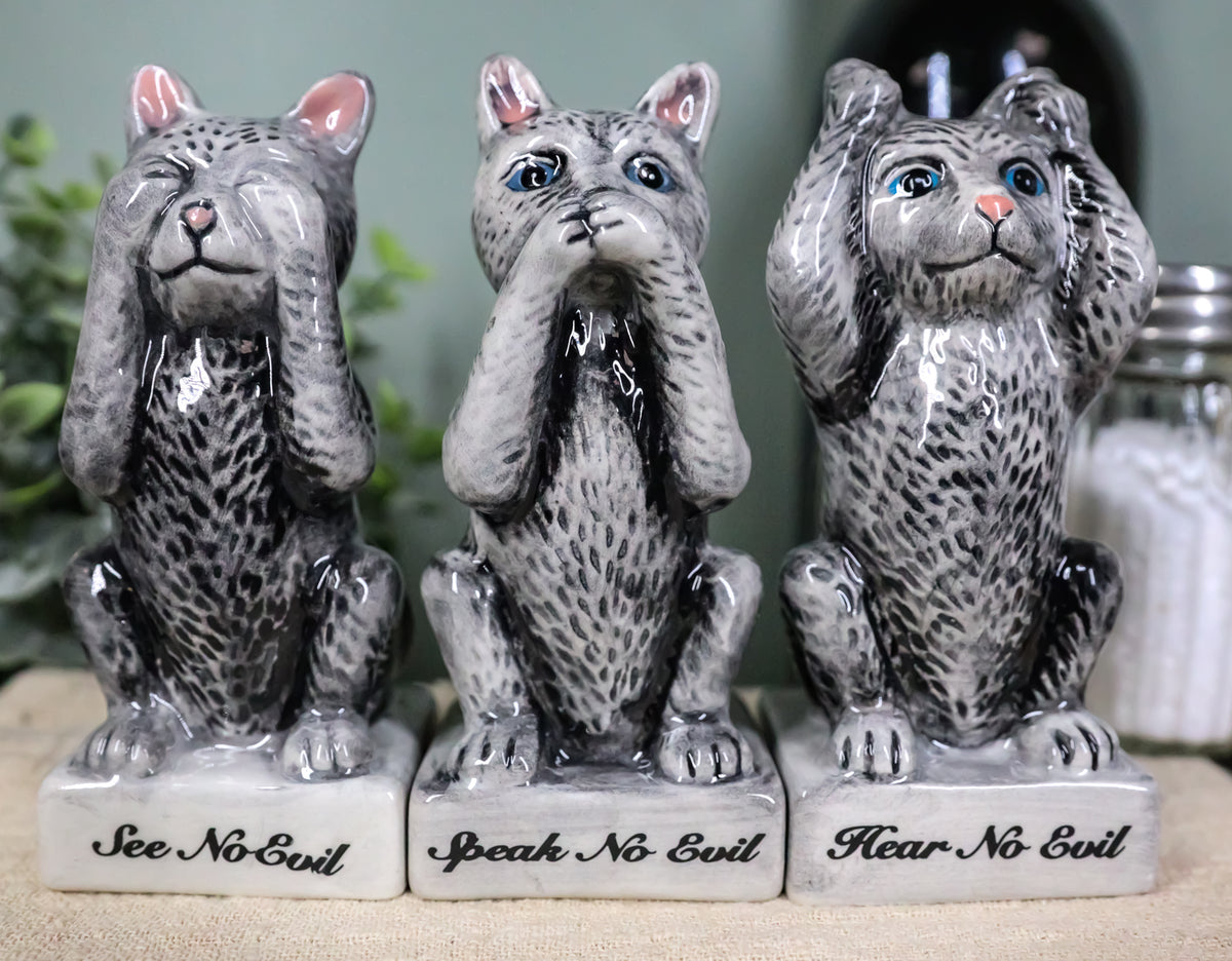 See Hear Speak No Evil Cats Trio Toothpick Holder Salt And Pepper Shakers Set - Ebros Gift